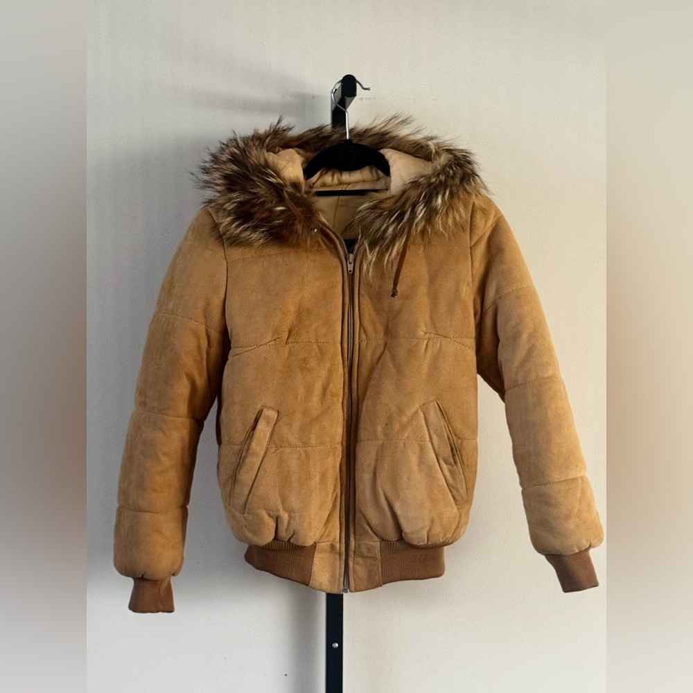 Vintage 90s Y2K Suede Real Fur Puffer Bomber Hood